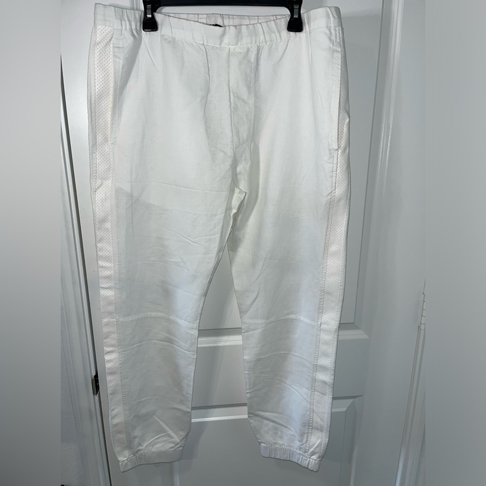 Sean John Lightweight Ruched Casual White Trimmed Faux Leather Linen Pants Sz XL